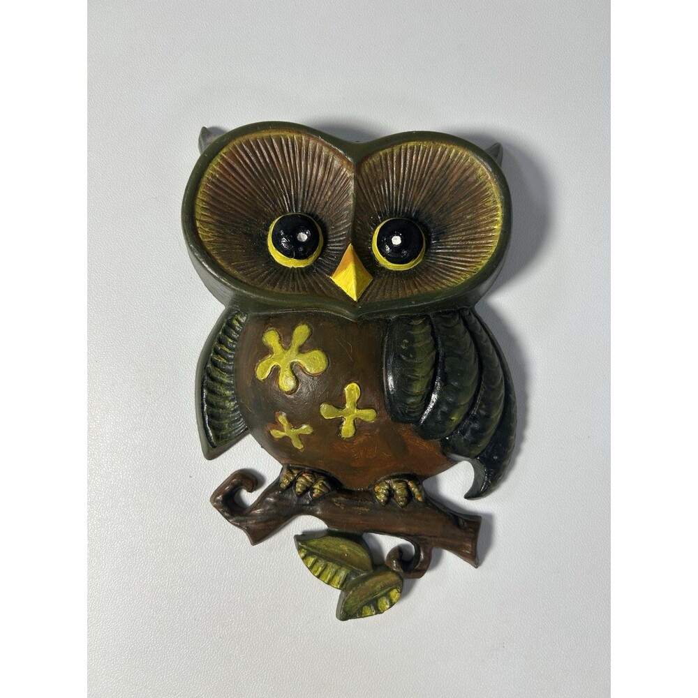 Vintage MCM 1970s Cast Metal Owl Wall Plaque, Brown Yellow Cute Decor